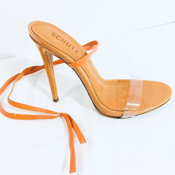 Schutz Cloe Vinyl Open Toe Sz 7B Lace Up Ankle Strap Stiletto High Heel Sandals - Picture 3 of 14